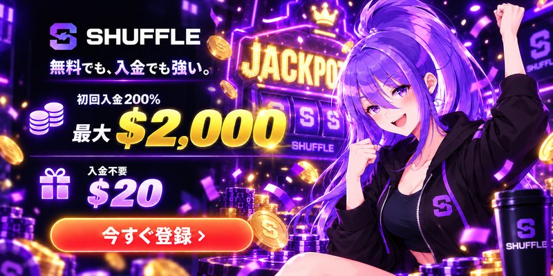 SHUFFLEの紫髪キャラクターとともに、初回入金200％・最大2,000ドル、入金不要20ドルの特典を紹介するバナー。「無料でも、入金でも強い。」のコピーと「今すぐ登録」