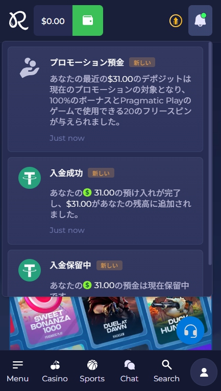 レインベット 入金成功