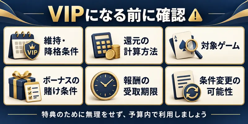 VIPになる前に確認

維持・降格条件

還元の計算方法

対象ゲーム

ボーナスの
賭け条件

報酬の
受取期限

条件変更の
可能性

