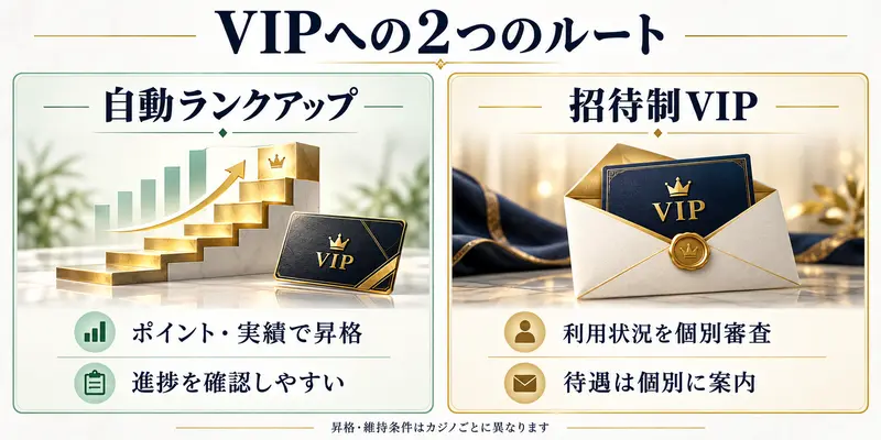 VIPへの2つのルート

自動ランクアップー

ポイント·実績で昇格
進捗を確認しやすい


招待制VIP

利用状況を個別審査
待遇は個別に案内