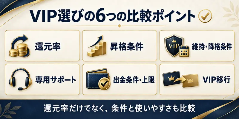 VIP選びの6っの比較ポイント

還元率

昇格条件

VIP

維持·降格条件

専用サポート

出金条件·上限

VIP移行