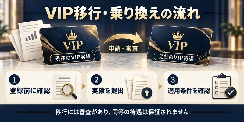 VIP移行·乗り換えの流れ 

1 登録前に確認 

2 実績を提出 

3 適用条件を確認