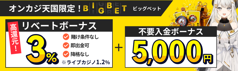 ビッグベット入金不要ボーナス5,000円&3％リベート