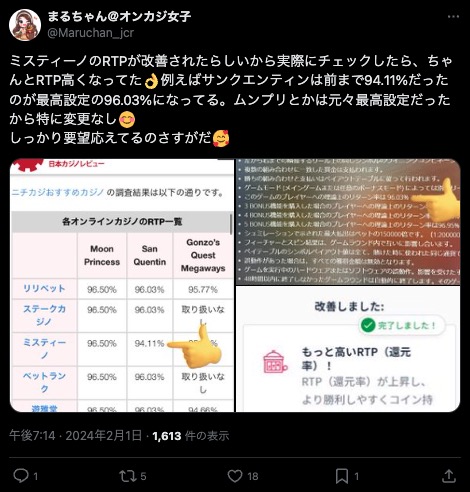 Xでの評判
ミスティーノのRTPが改善されたらしいから実際にチェックしたら、ちゃんとRTP高くなってた👌例えばサンクエンティンは前まで94.11%だったのが最高設定の96.03%になってる。ムンプリとかは元々最高設定だったから特に変更なし😊
しっかり要望応えてるのさすがだ🥰