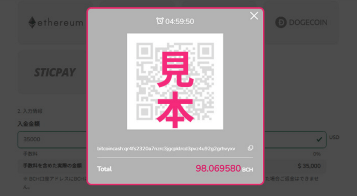 ミラクルカジノ 仮想通貨入金画面2