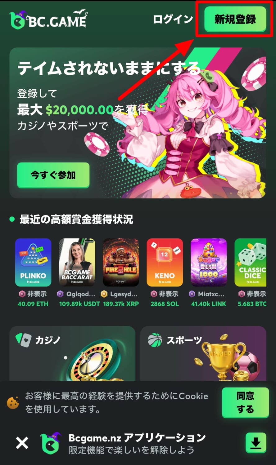 BCゲーム登録画面　TOPページ