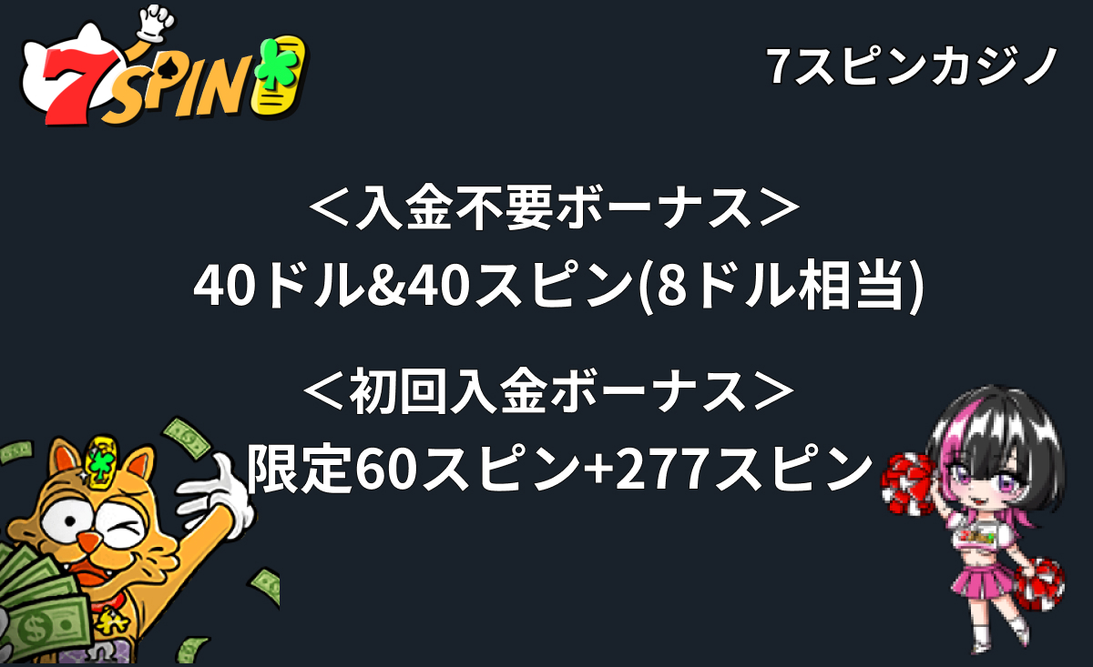 7Spin 7スピンカジノ ＜入金不要ボーナス＞40ドル＆40スピン(8ドル相当) ＜初回入金ボーナス＞限定60スピン＋277スピン