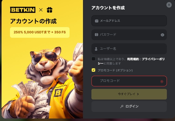 Betkinカジノの入金不要ボーナスコードの入力箇所